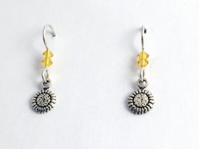Sterling Silver tiny sunflower dangle earrings- sun flowers, yellow Crystal,