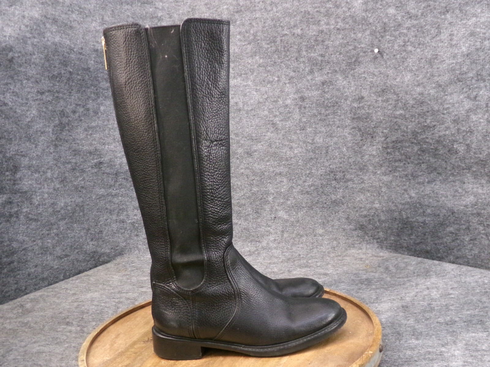 Tory Burch Christy Size 6.5 M Black Pebbled Leather Back Zipper Riding Boots