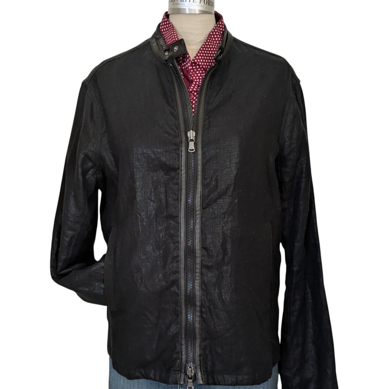 John Varvatos Coated Linen Moto Jacket Black Men's Size Large Leather Trim