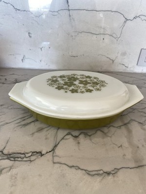 Pyrex Spring Blossom Crazy Daisy Divided Casserole 1 QT Green Dish Oval Lid VTG