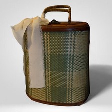 Vintage Woven Plaid Oval Box Bag Case Wood Trim Wrapped Handle Green Cream