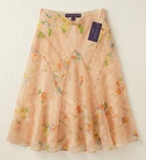 Ralph Lauren Collection Silk Floral A Line Flare Midi Skirt Pink NWT Size 2