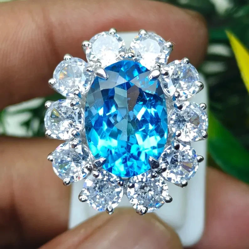 6.70 Ct Oval Cut Certified Natural Topaz & Diamond Real 18k White Gold Ring - Image 2 of 4