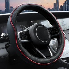 Car Steering Wheel Cover Microfiber Leather Anti-Slip 14.5-15in Black Red Line