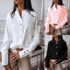 Women Office Tops Long Sleeve Down Loose Ladies Casual Work Button Blouse Shirt