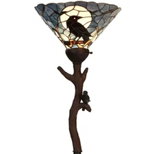 L10959 Raven Sitting on Bare Tree Branch in Full Moon Night Tiffany Style Sta...