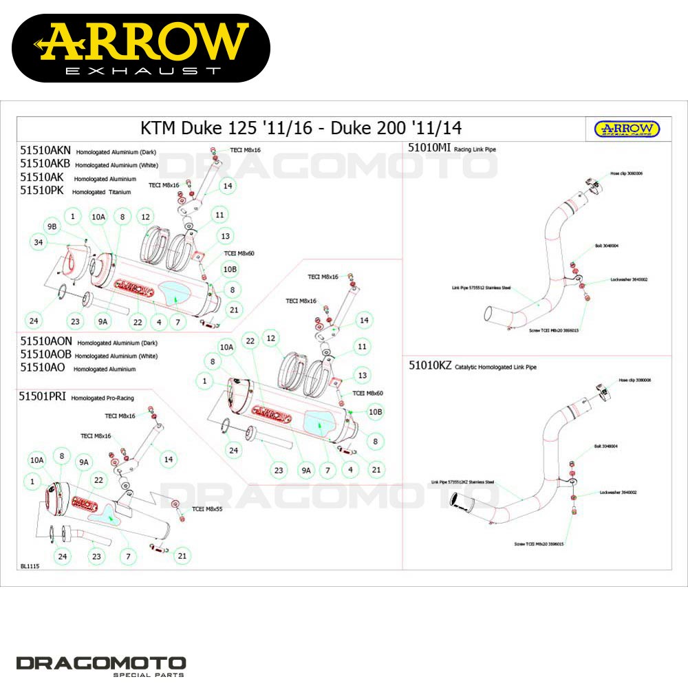 Collecteur KTM 200 DUKE ARROW catalyseur échappement moto 2011 2012