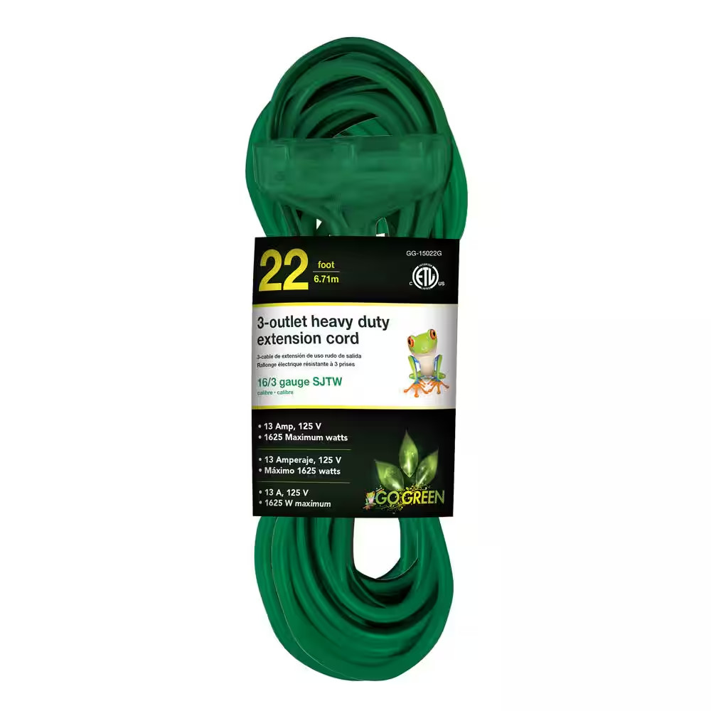 22 Ft. 16/3 3-Outlet Heavy Duty Extension Cord, Green