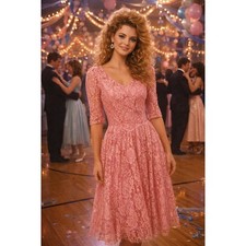 Vintage 80s Pink Lace Puff Sleeve Formal Midi Dress Women's Size 9 Prom Dance