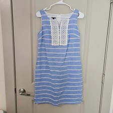 Talbots Petites Blue White Striped Linen Cotton Lace Bib Shift Dress 4P Pockets