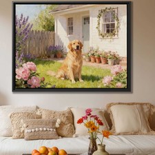 Golden Retriever Dog Canvas Oil Painting Floral Still Life Wall Art Decor