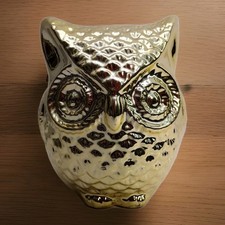 Small Owl Piggy Bank Gold Tone Ceramic Figurine 4.25" 6oz Beautiful Gold Tone.