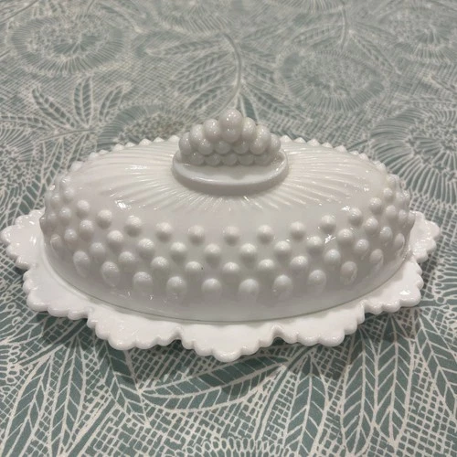 Vintage Fenton Milk Glass Hobnail Oval Butter Dish with Crown Top Lid White