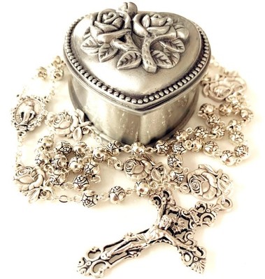 HANDMADE Silver Rose Beads Catholic 5 DECADE Rosary Case Cross Gift Box Italy Cr