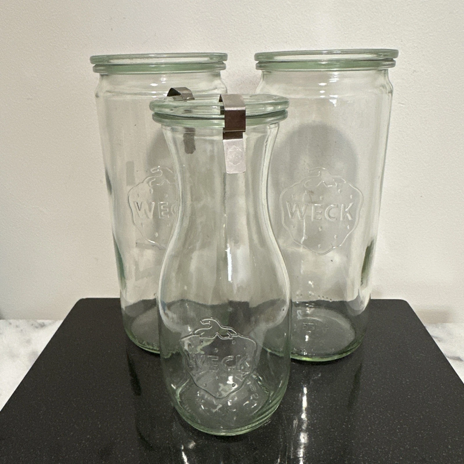 WECK Jars Set 2- 1 L Cylinder Jars 1040’W/Glass Lids No Gasket no Clamps +1 Jug