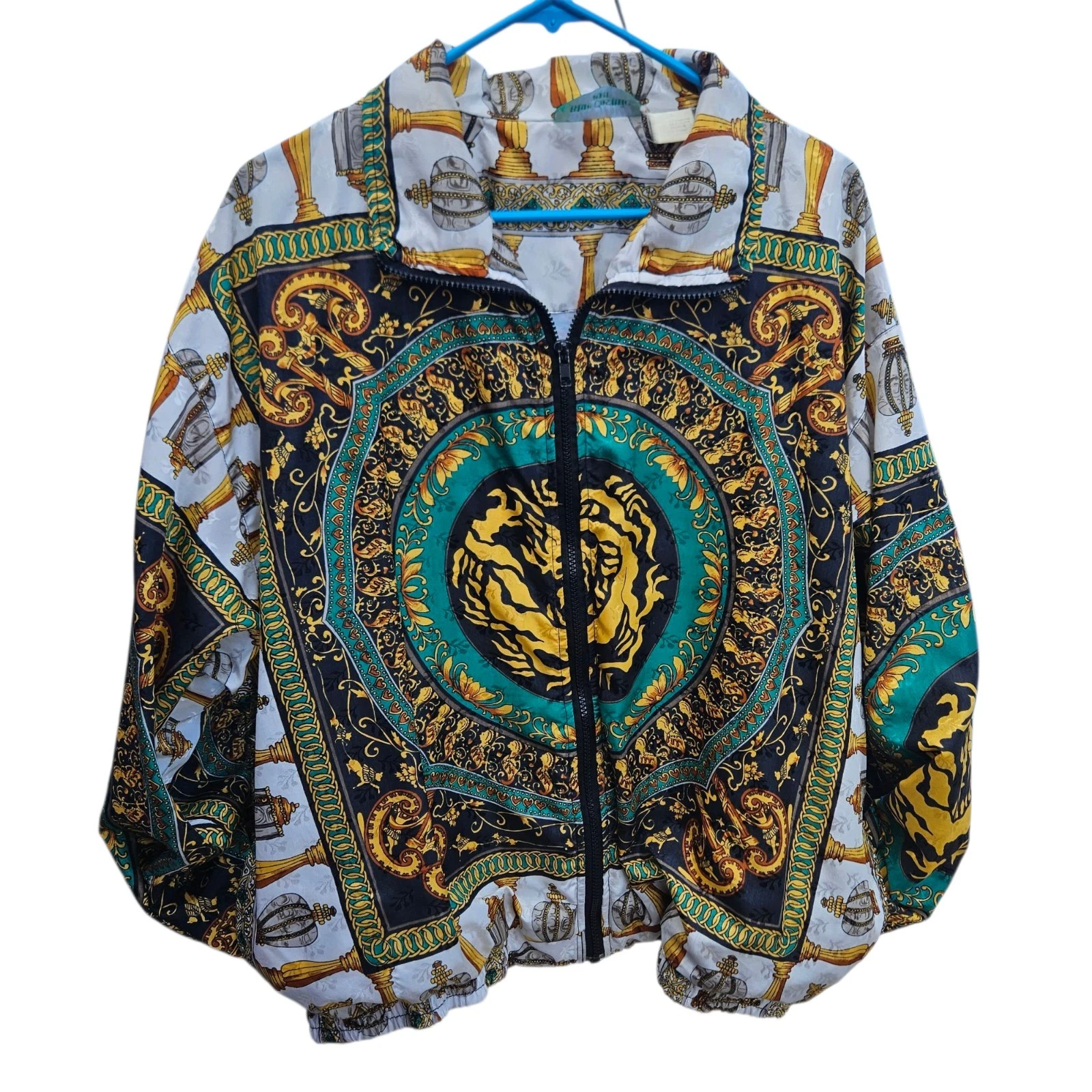 Vtg 80s Bomber Jacket L Dragon All Over Print Satin Gold Green Puff Sleeve Max