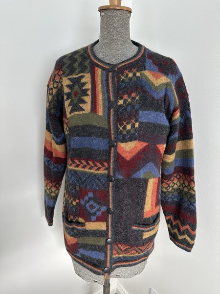 The Alpaca Collection Hand Knit Tribal Peruvian Rainbow Wool Cardigan Lined L