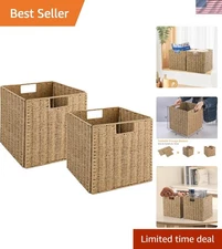 Storage Baskets Set of 2 Hand-Woven Wicker Bins for Shelves Cabinets Foldable