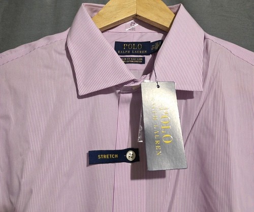 Polo Ralph Lauren Shirt Men 17.5 Slim Easy Care Cotton Stretch Purple Stripe NEW