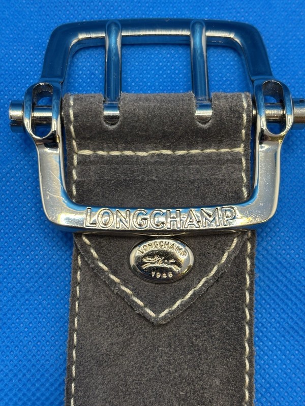 Longchamp Grey Suede Belt w/Contrasting White Stitching w/Silver-Toned Buckle