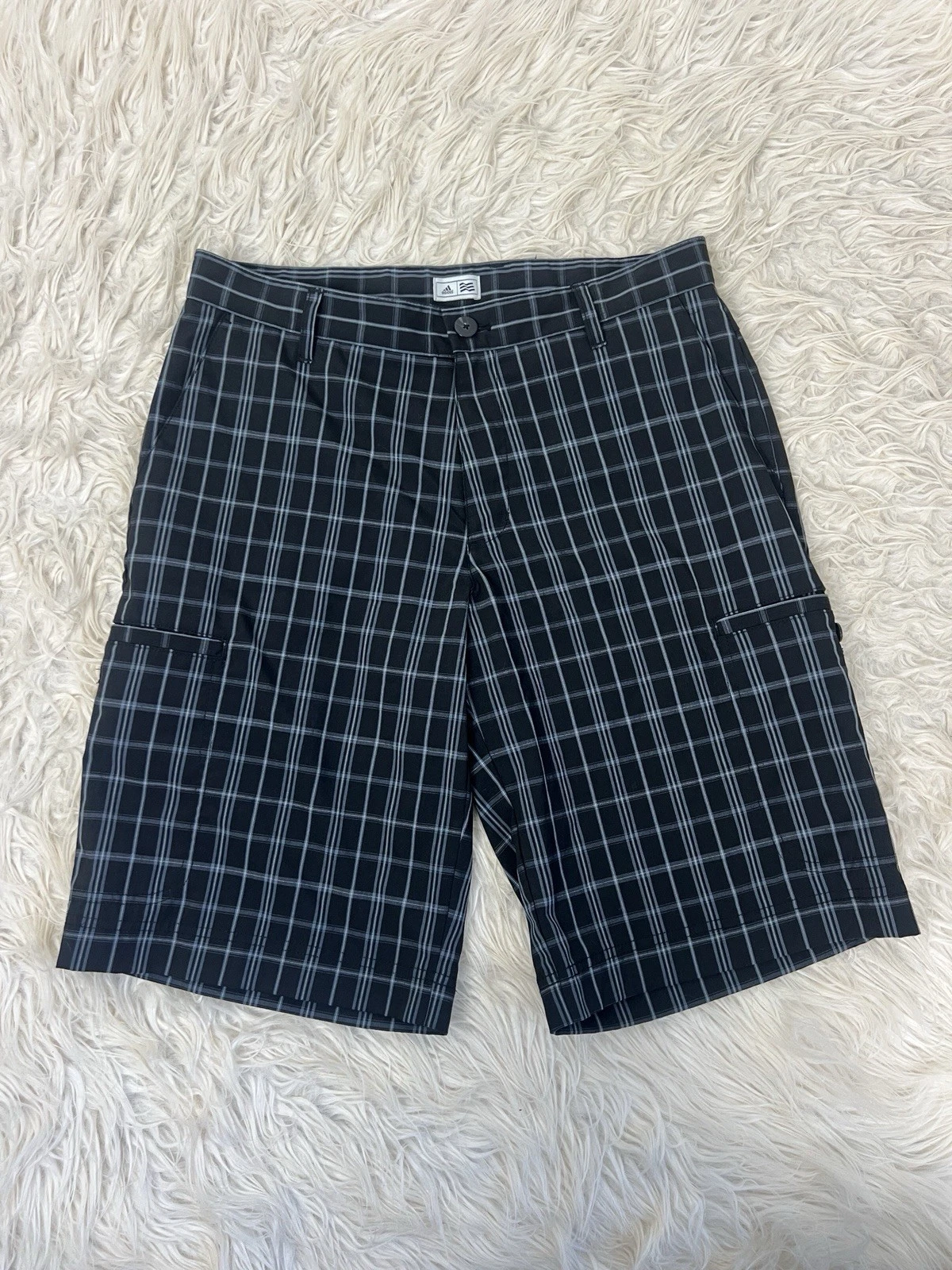 Adidas Mens Shorts 30 Black Gray White Chino Plaid Pockets Embroidered Logo Golf