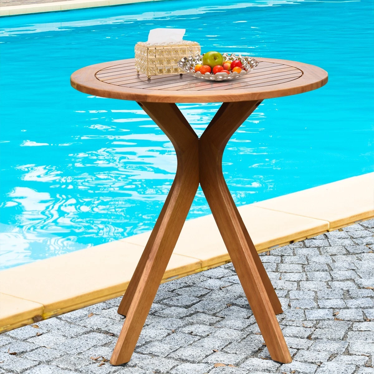 Outdoor Patio Bistro Side Table Wooden Round Coffee Table X Base Dining Table