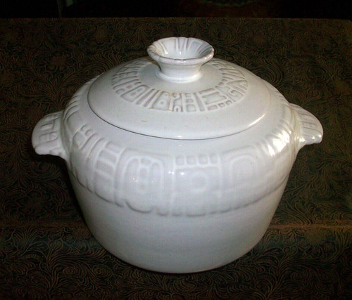 Vintage Frankoma White Mayan Aztec 3 Qt Casserole Baker Bean Pot & Lid 7W