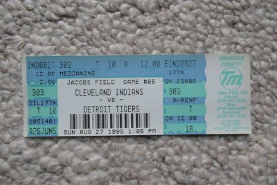 CLEVELAND INDIANS VS DETROIT TIGERS 8/27/1995 FULL TICKET ~ PAUL SORRENTO HR