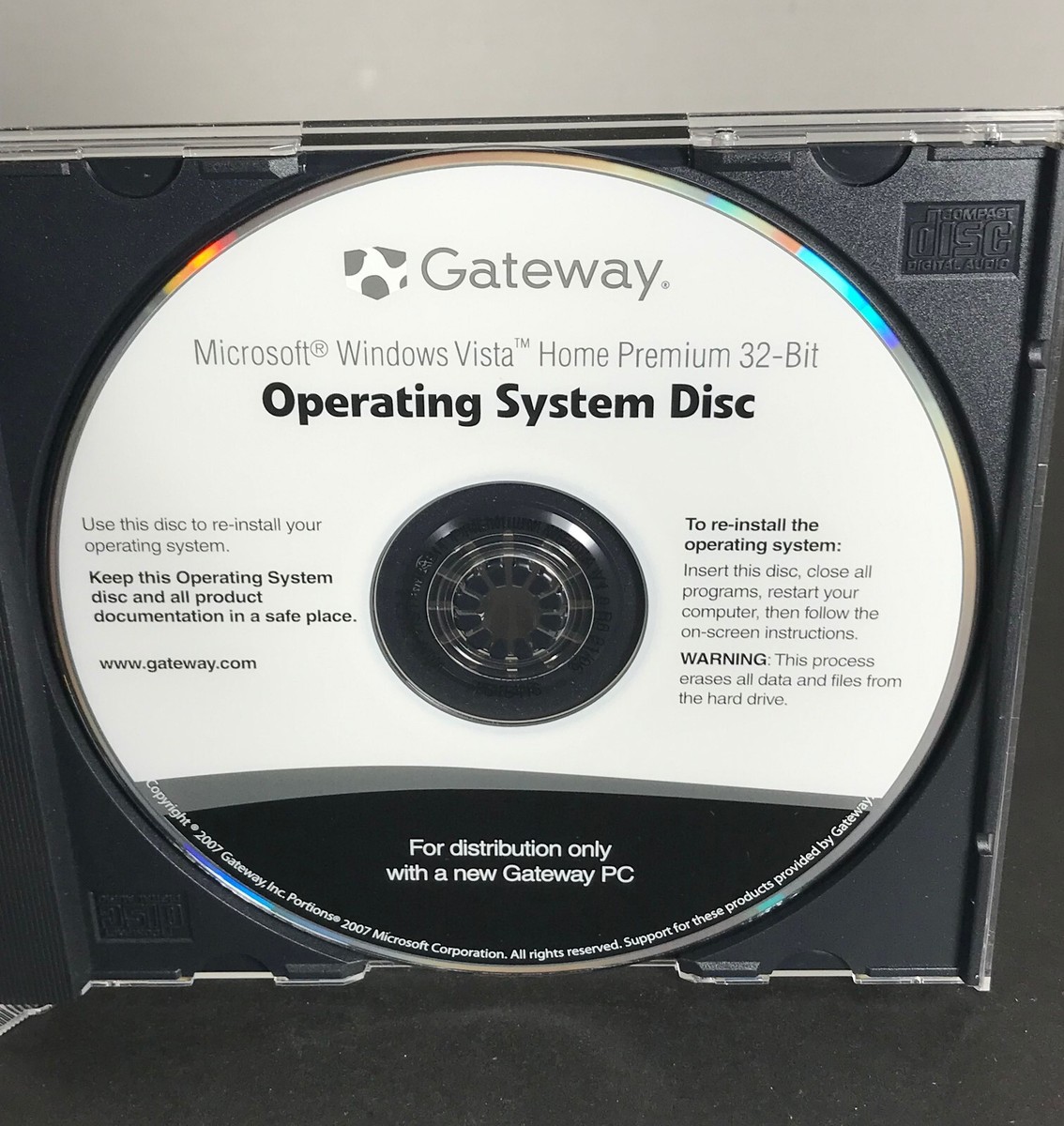 Gateway WINDOWS VISTA Home Premium OPERATING SYSTEM Recovery Disc