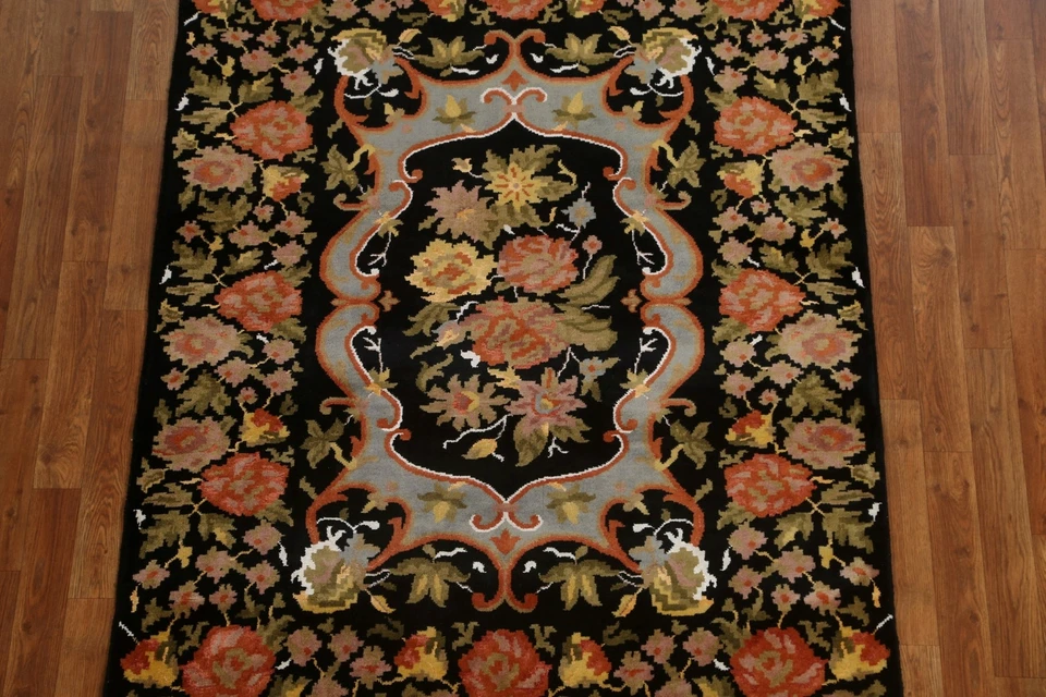 Vegetable Dye Floral Black Aubusson Oriental 4'x6' Area Rug Handmade Wool Carpet - Image 3 of 4