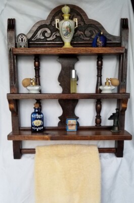 UNIQUE Solid OAK Wood Towel Rack Shelves Repurposed Antique