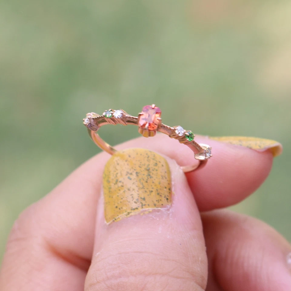 Anillo banda tsavorita y diamantes zafiro naranja natural talla esmeralda oro macizo de 14 k Foto 4 de 4