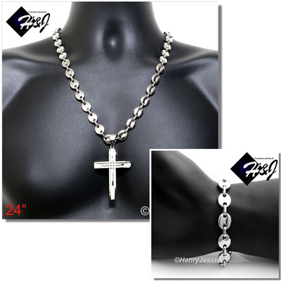 24''Stainless Steel 10mm Silver Puffed Mariner Necklace Bracelet Cross Pendant*A