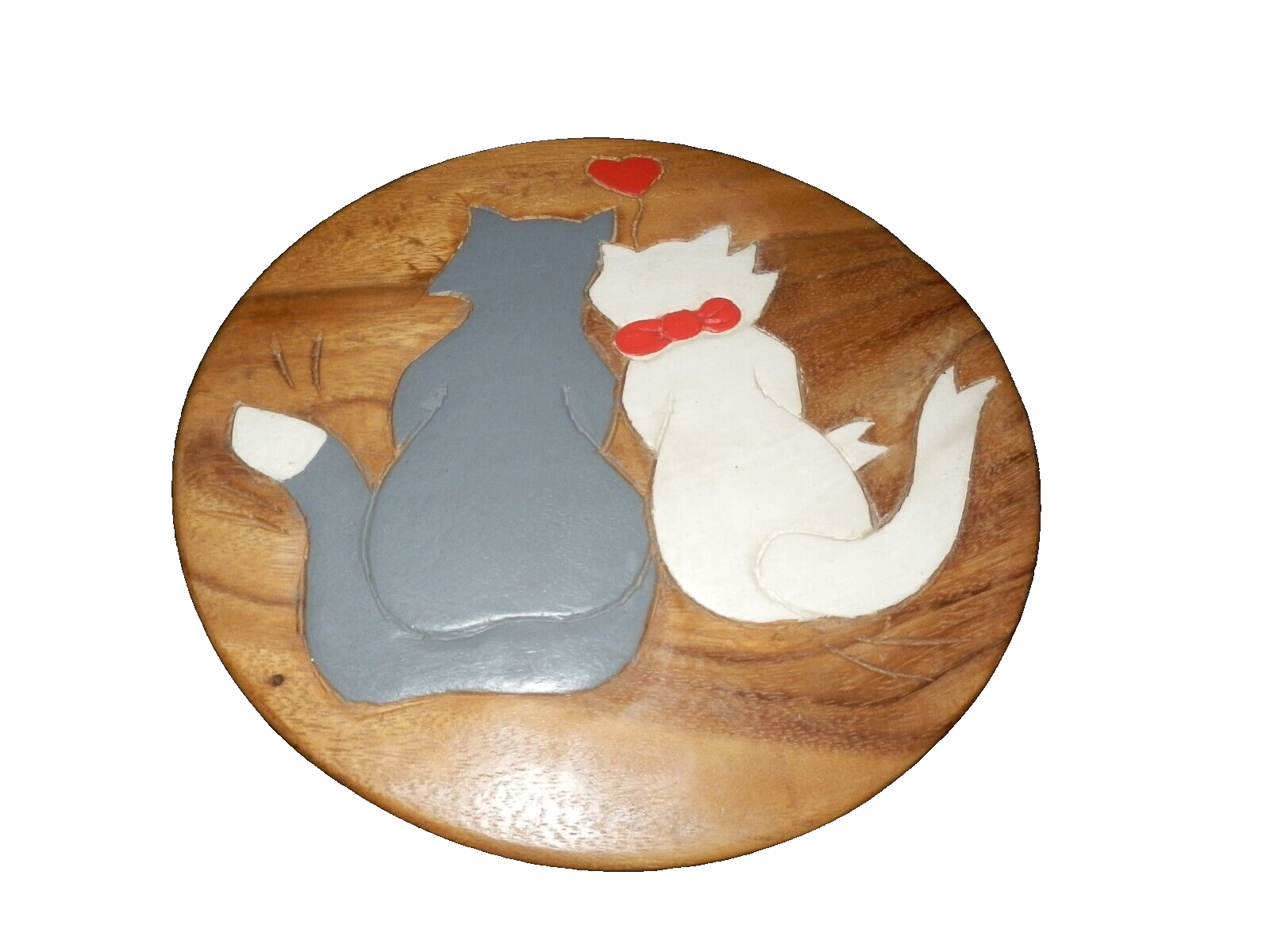 NEW Hand Carved WOODEN CAT STOOL Kitten In Love Gray White HEART Step