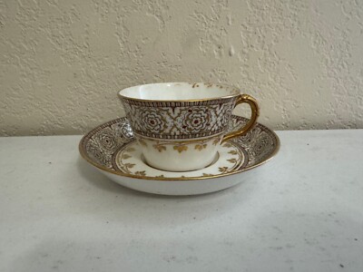 Antique 1885 Royal Worcester Porcelain Cup & Saucer w/ Gold & Floral Decoration