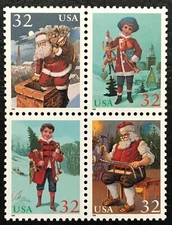 1995 Scott# 3004-07 - 32¢ - Block of 4 - SANTA & CHILDREN - Mint NH