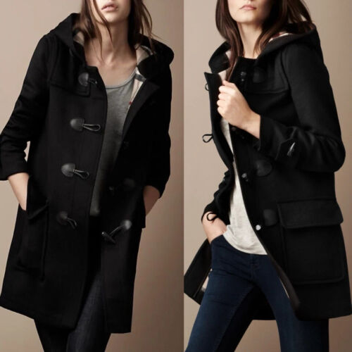 Burberry Wool Coat Toggle 8 R Black Long Plaid Nova Check Hooded Duffle Finsdale
