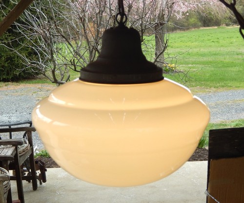 Vintage School House Chandelier Chain Pendant Light Fixture Old Milk Glass Globe - Picture 8 of 18