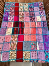 Afghan Blanket Knit Handmade Crochet Throw Blanket  60” x 44” Blue Purple Pink