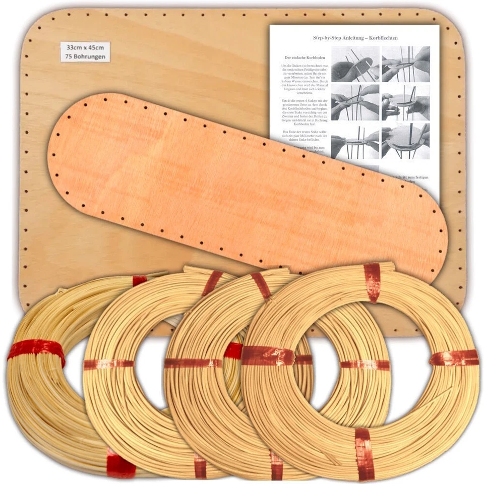 CSB-CENTER Korbflechtset Flechtset Set [Nr.4] - 2x Korbflechtboden, Peddigrohr & Schiene