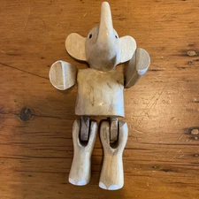 9" Hand Carved Painted Wooden Elephant Figure Jointed Toy Natural Wood