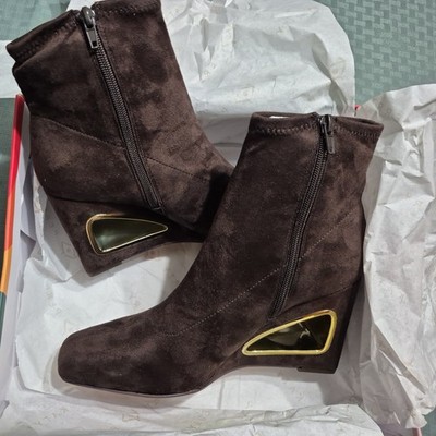 Katy Perry Womens Ankle Boots Brown Hollow Gold Wedge Heel Booties 12M NEW