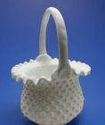 Vintage Fenton Hobnail White Milk Glass 💟Basket Handle Ruffled Edge MCM