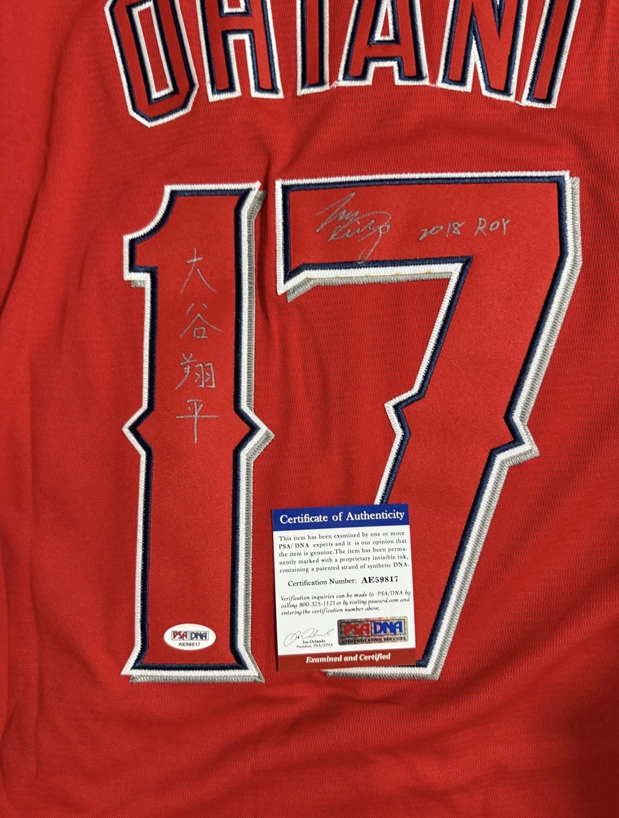 2018 Rookie Of The Year Inscription & Kanji Shohei Ohtani Signed Auto Jersey PSA view 2