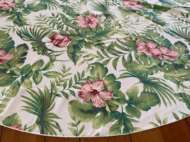 Tropical Floral Hibiscus & Palm Leaves Round Vintage Tablecloth 70" diameter