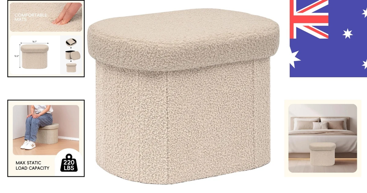 Folding Storage Ottoman Beige Boucle Oval Footstool with Hidden Storage