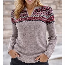 J. Jill Fair Isle Split Neck Knit Sweater Sz 2X Cozy Winter Layering Outdoor