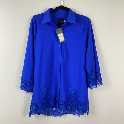 Lysse Button Up Tunic Shirt Size Small Blue Lace Trim 3/4 Sleeves