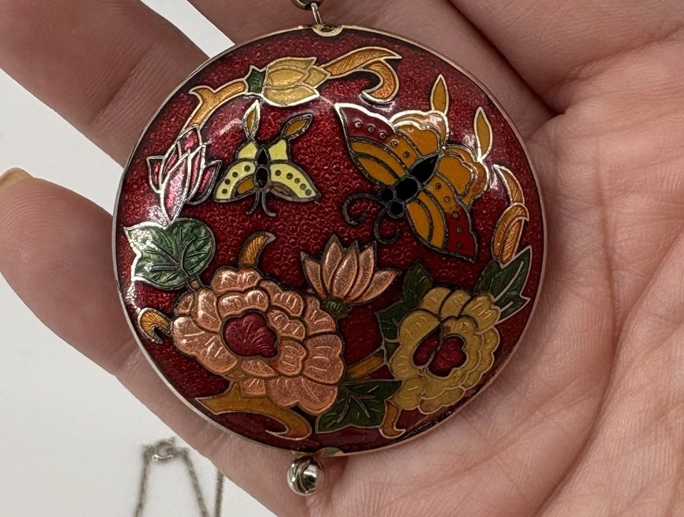 Collar Colgante Vintage Cloisonné Esmalte Rojo Floral Mariposa Asiática Boho Foto 3 de 4