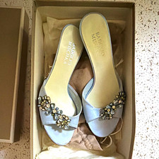 Badgley Mischka Blue Satin Slide Heels Open Toe Slip On Rhinestone Beaded 6.5